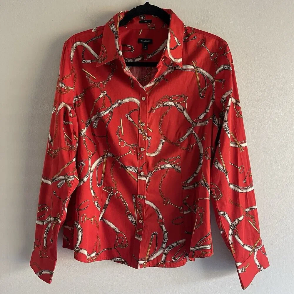 Talbots Top Plus Size 14 Womens Shirt Chains Versace Style Red Gold Print Button - Picture 2 of 10
